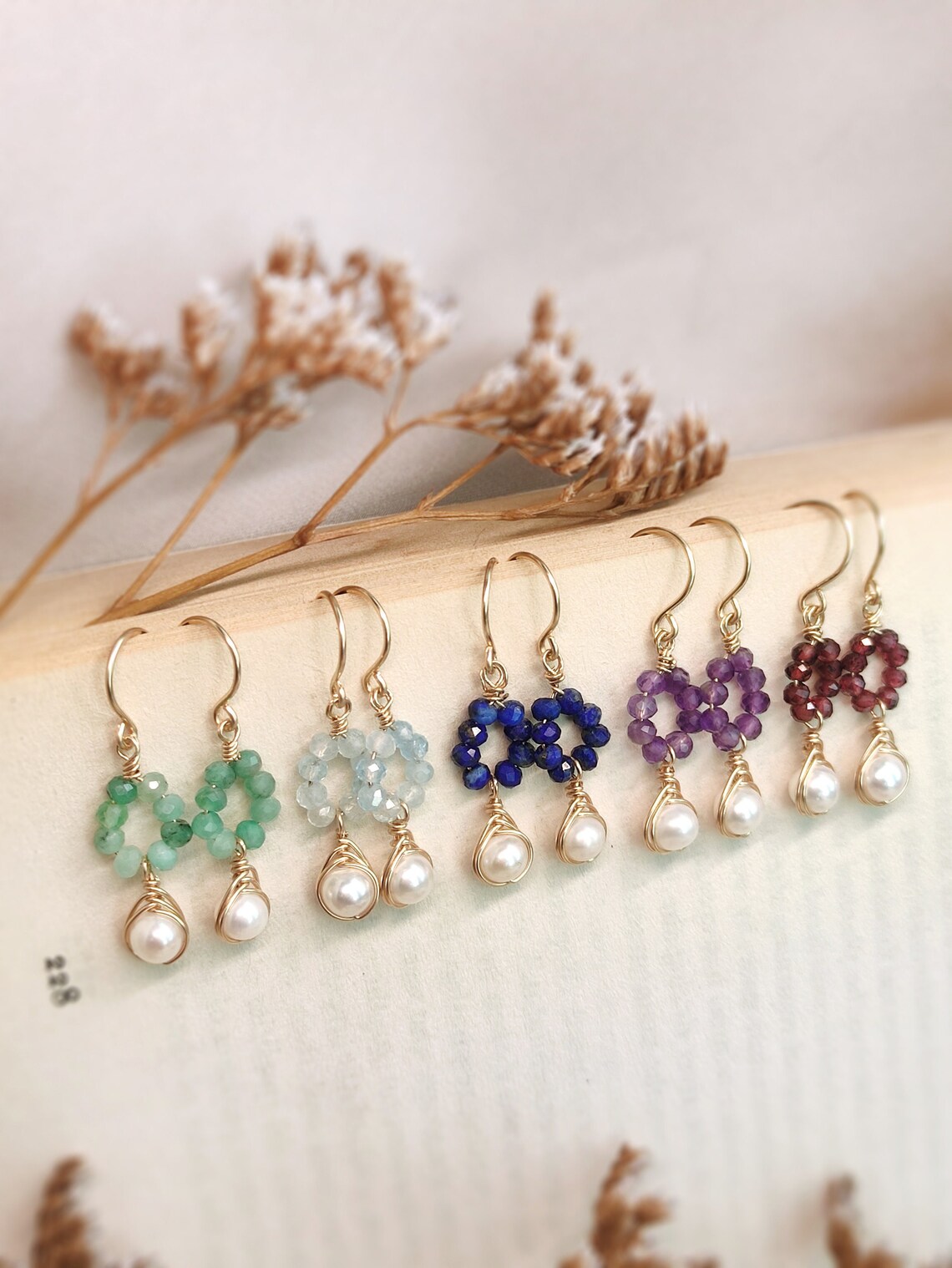 Dainty Gemstone & Pearl Dangle Earrings in 14K Gold Filled