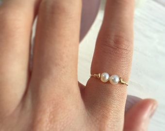 Double Pearl Ring, Two Pearl Ring, 14K Gold Filled - Sterling Silver Dainty Freshwater Pearl Ring, Pinky Ring