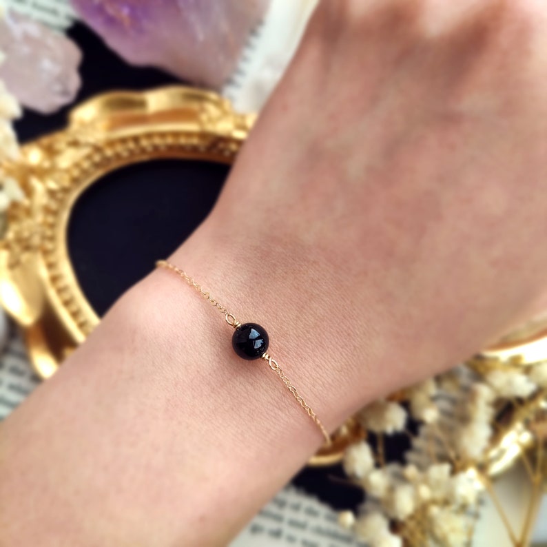 Black Tourmaline Bracelet 14K Gold Filled, Rose Gold Filled, Sterling Silver Layering Bracelet, Single Stone Empath Protection Bracelet image 3