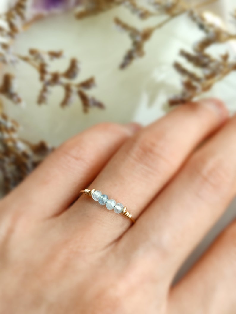 Dainty Raw Aquamarine Ring, 14K Gold Filled, Rose Gold Filled, Sterling Silver, Thin Gold Stacking Ring, March Birthstone image 2