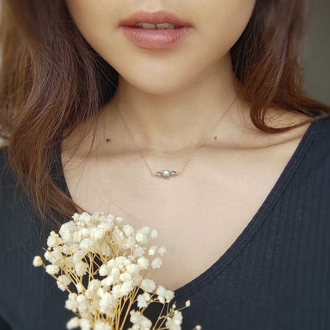 Dainty Labradorite Bar Necklace 14K Gold Filled - Rose Gold Filled