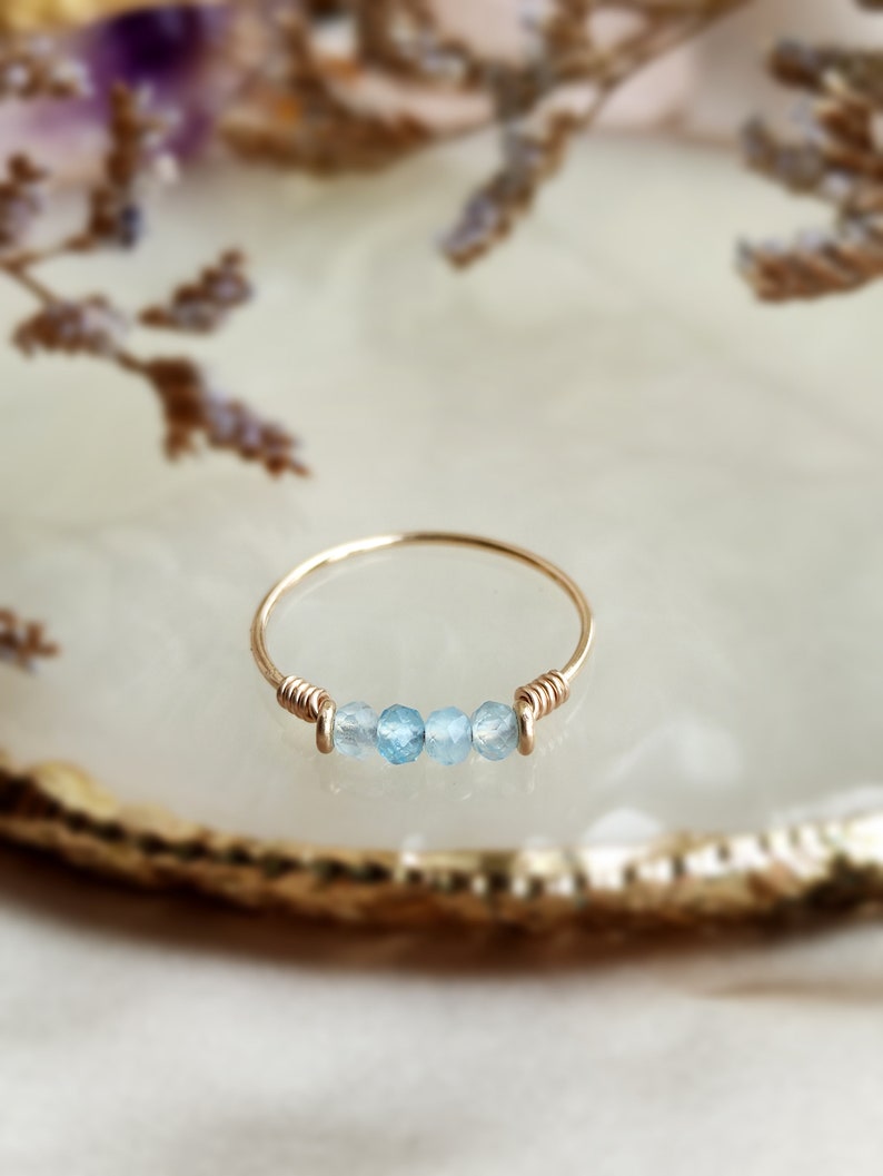 Dainty Raw Aquamarine Ring, 14K Gold Filled, Rose Gold Filled, Sterling Silver, Thin Gold Stacking Ring, March Birthstone image 3