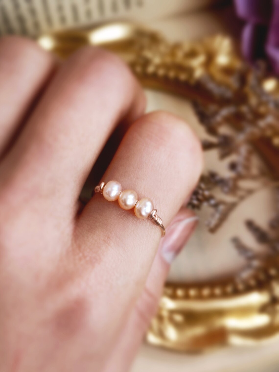 Three Pink Freshwater Pearl Ring