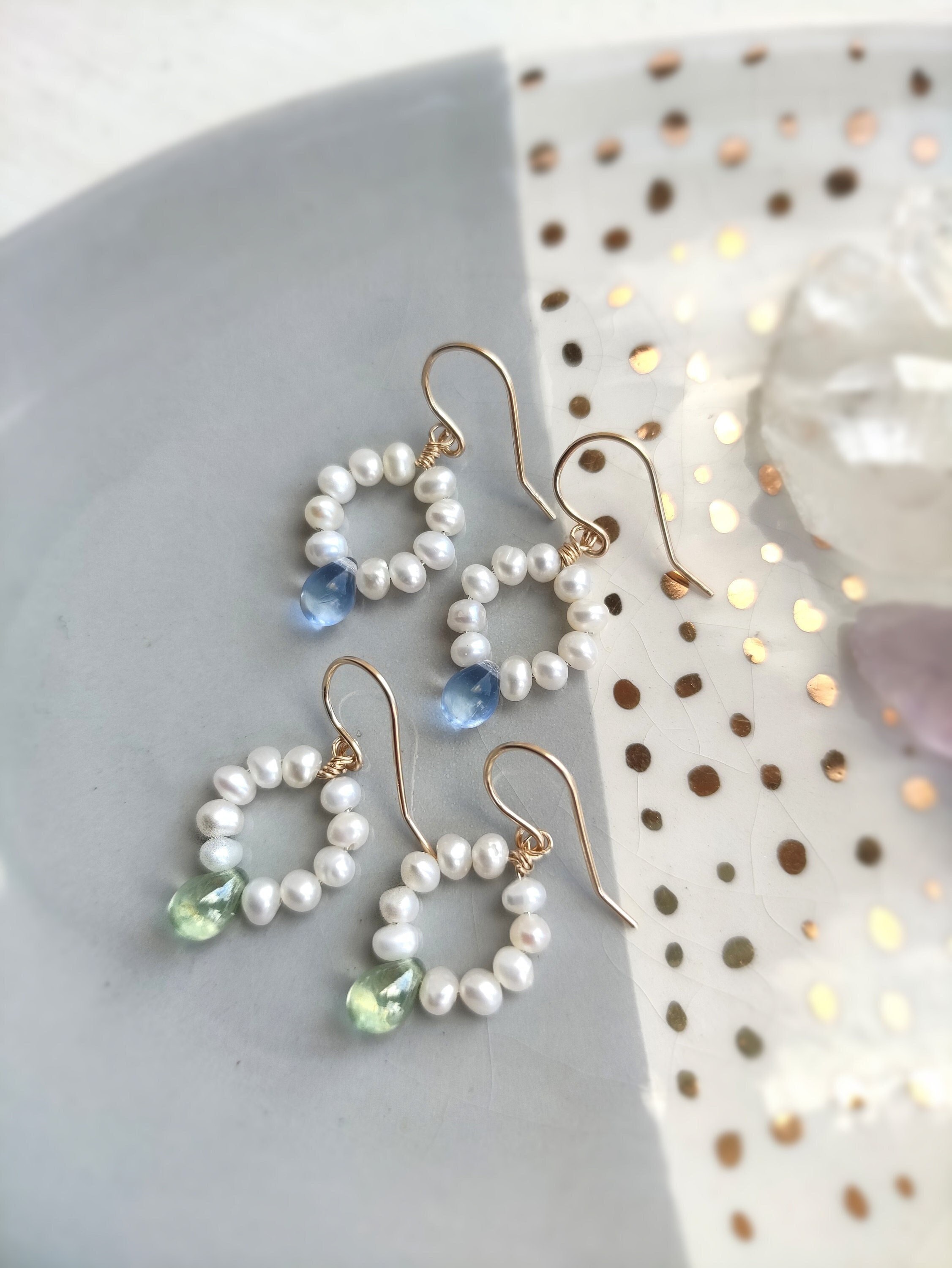 Dainty Freshwater Pearl Hoop Earrings with Blue Teardrop Beads