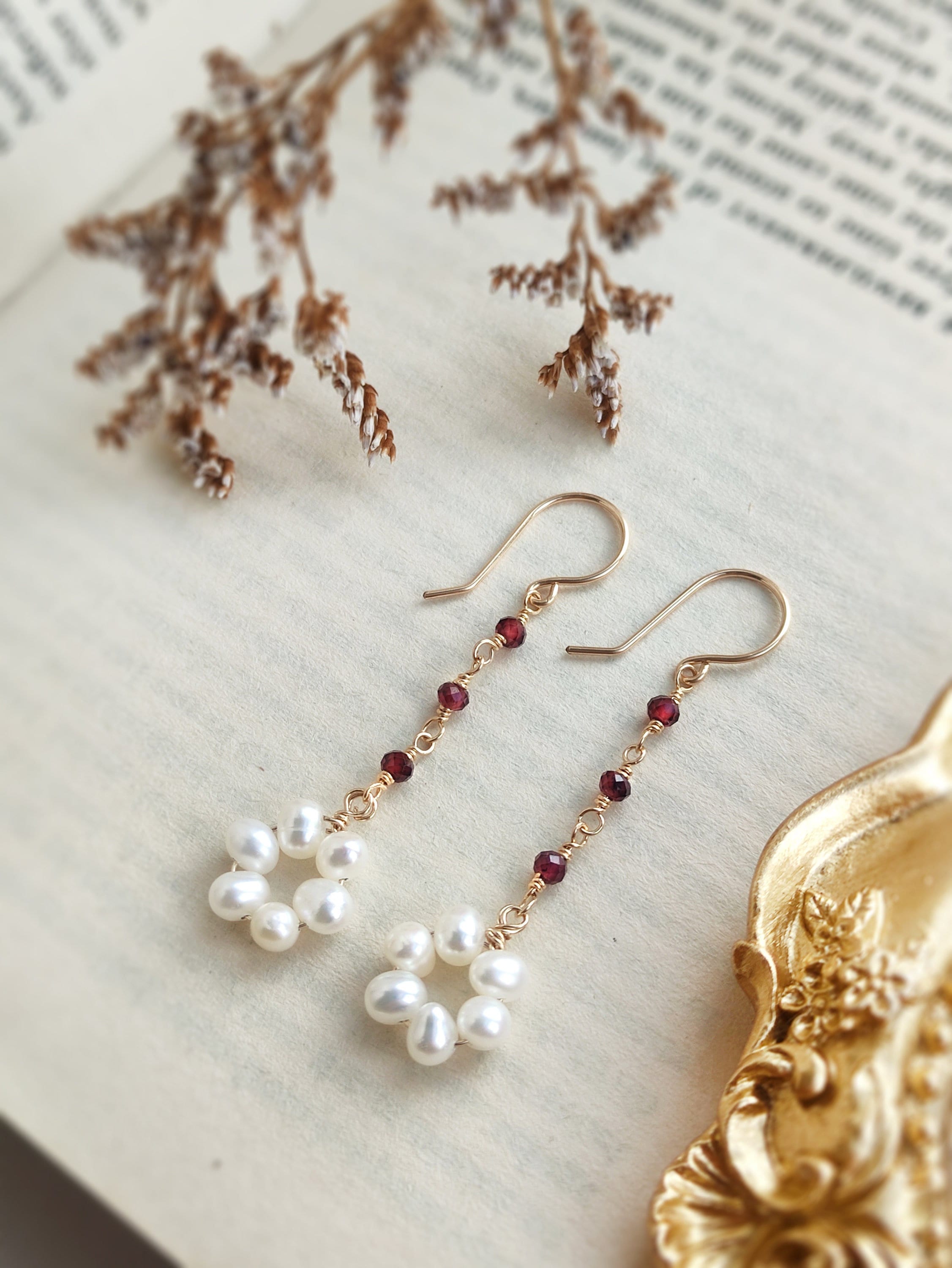 Garnet and Pearl Long Dangle Earrings in 14K Gold Filled