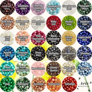 May include: A collection of gemstone beads in various colors, including garnet, amethyst, aquamarine, and emerald. Each bead type is labeled with its name and the month associated with it. The image includes a variety of gemstones.