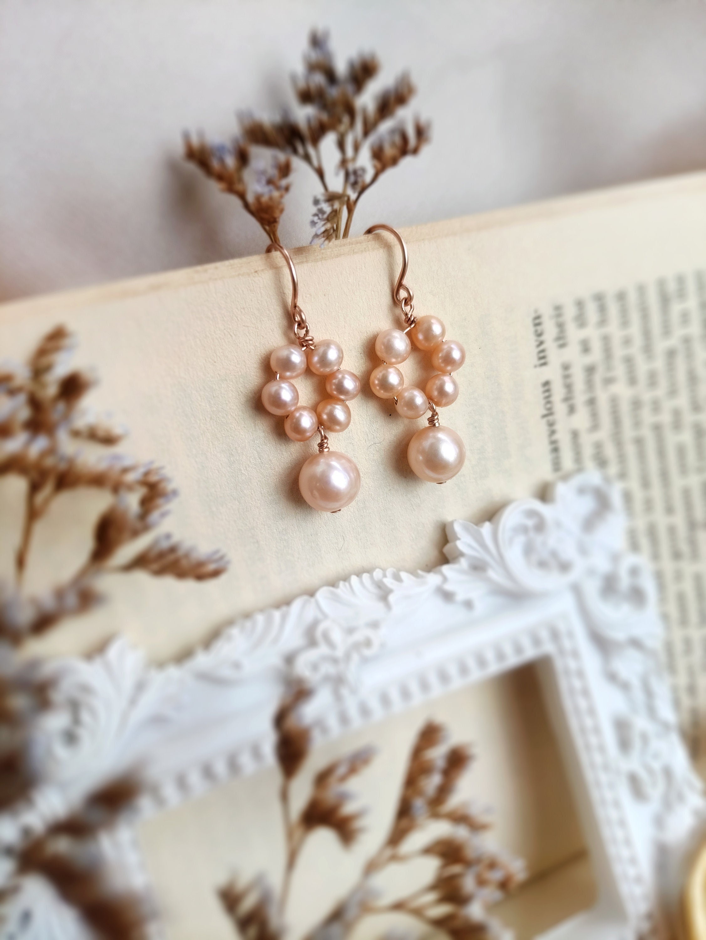 Pink Pearl Drop Earrings in 14K Rose Gold Filled