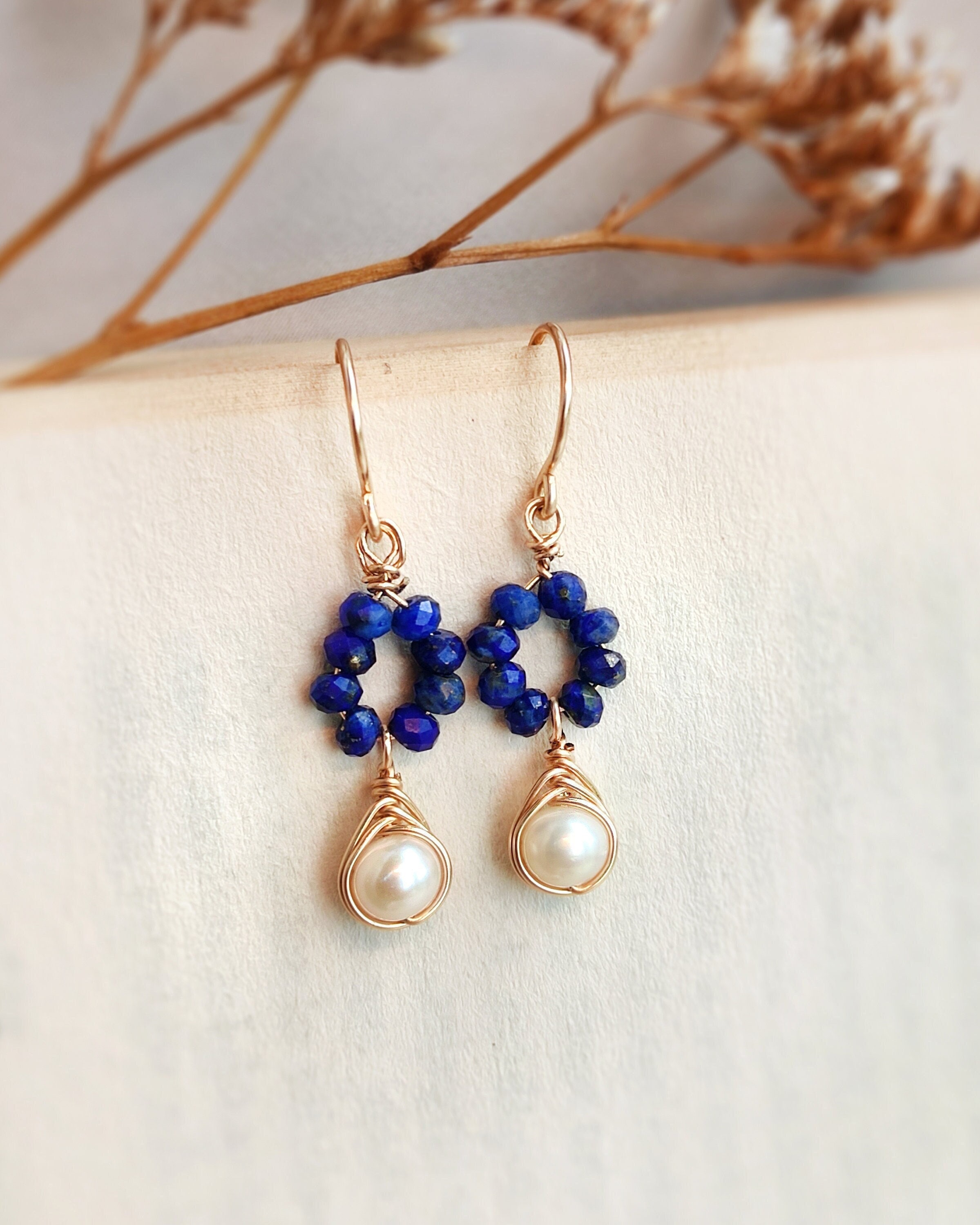 Dainty Lapis Lazuli and Pearl Dangle Earrings