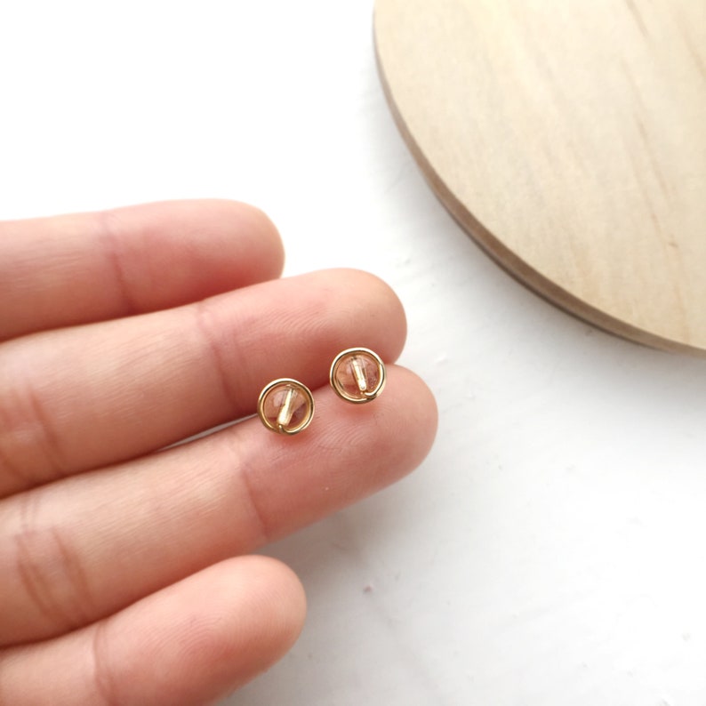 Citrine Stud Earrings, 14K Gold Rose Gold Filled, Sterling Silver 4mm Citrine Wire Wrapped Earrings, November Birthstone image 2