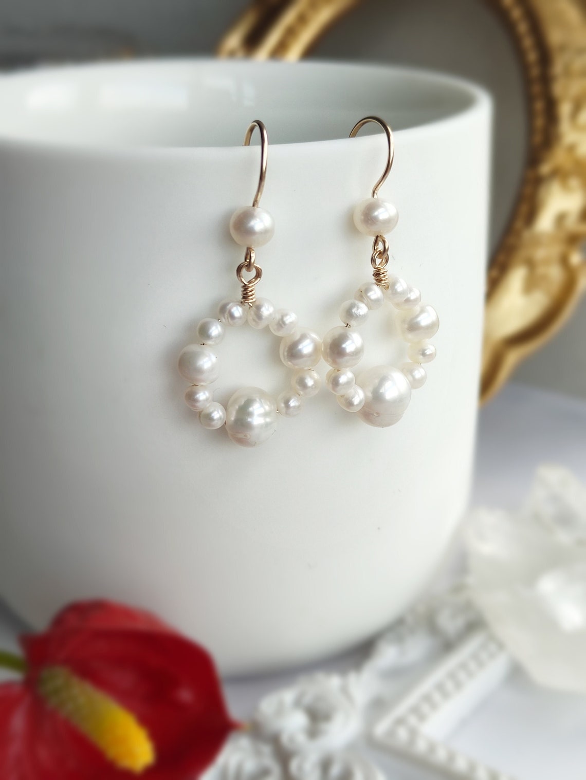 White Pearl Dangle Earrings