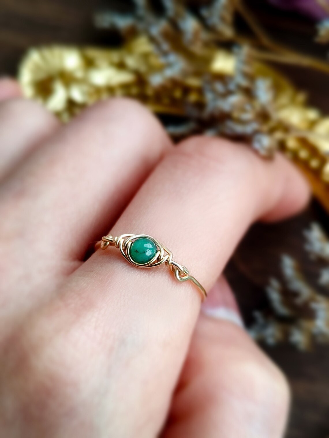 Dainty Emerald Ring, 14K Gold Filled Wire Wrapped Ring
