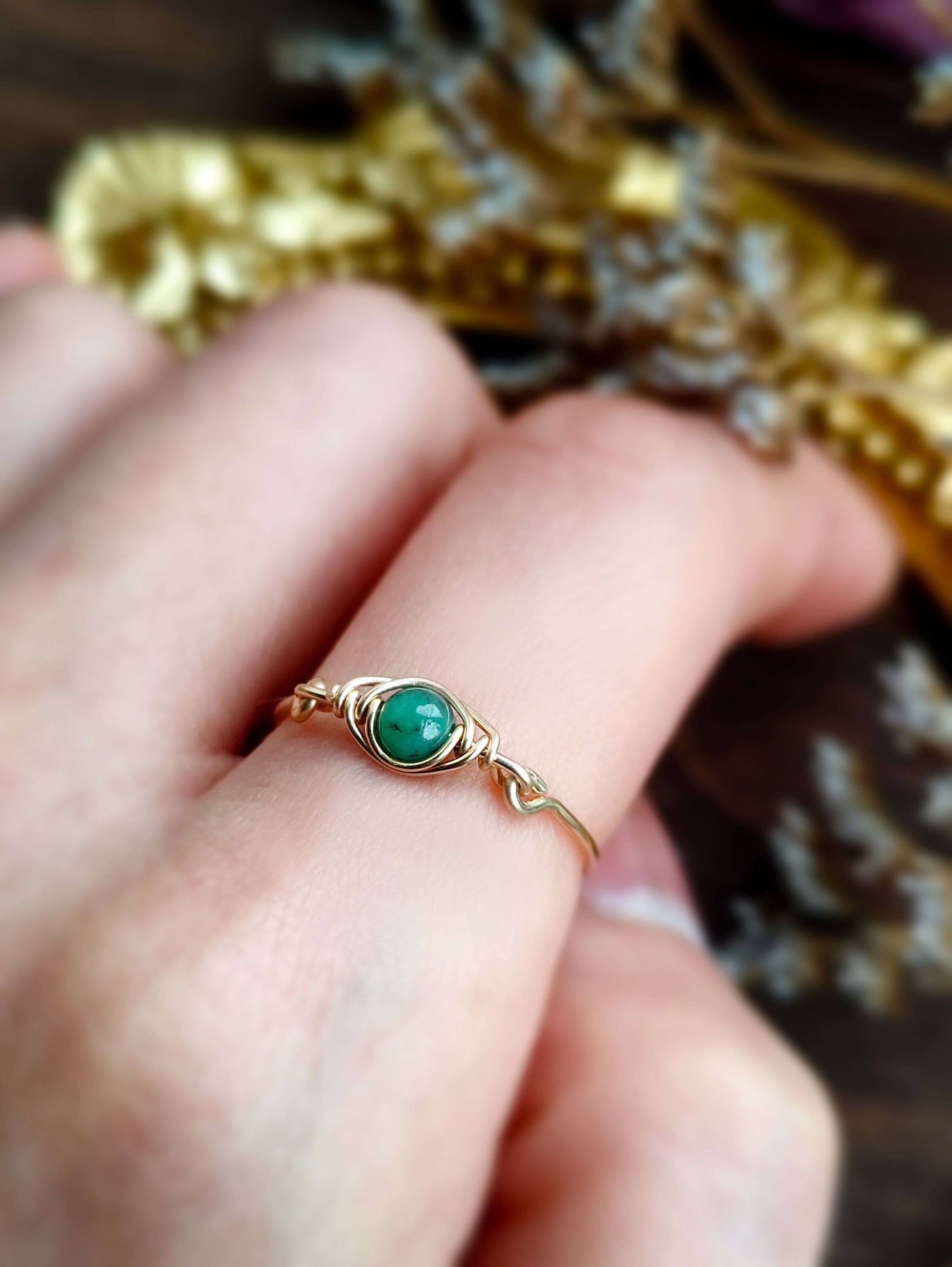 Dainty Emerald Ring, 14K Gold Filled Wire Wrapped Ring