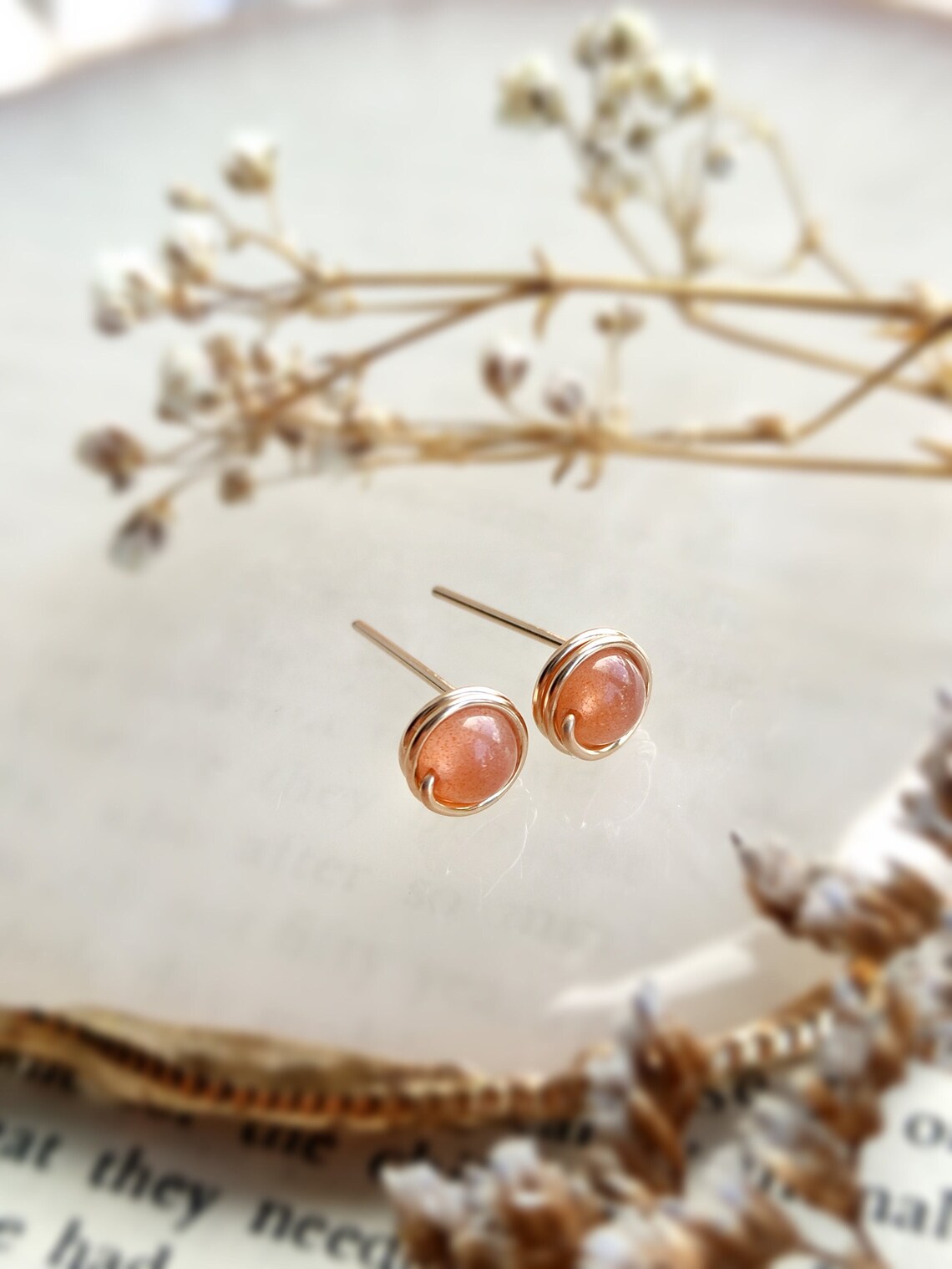 Tiny Sunstone Stud Earrings, Wire Wrapped, 14K Gold Filled