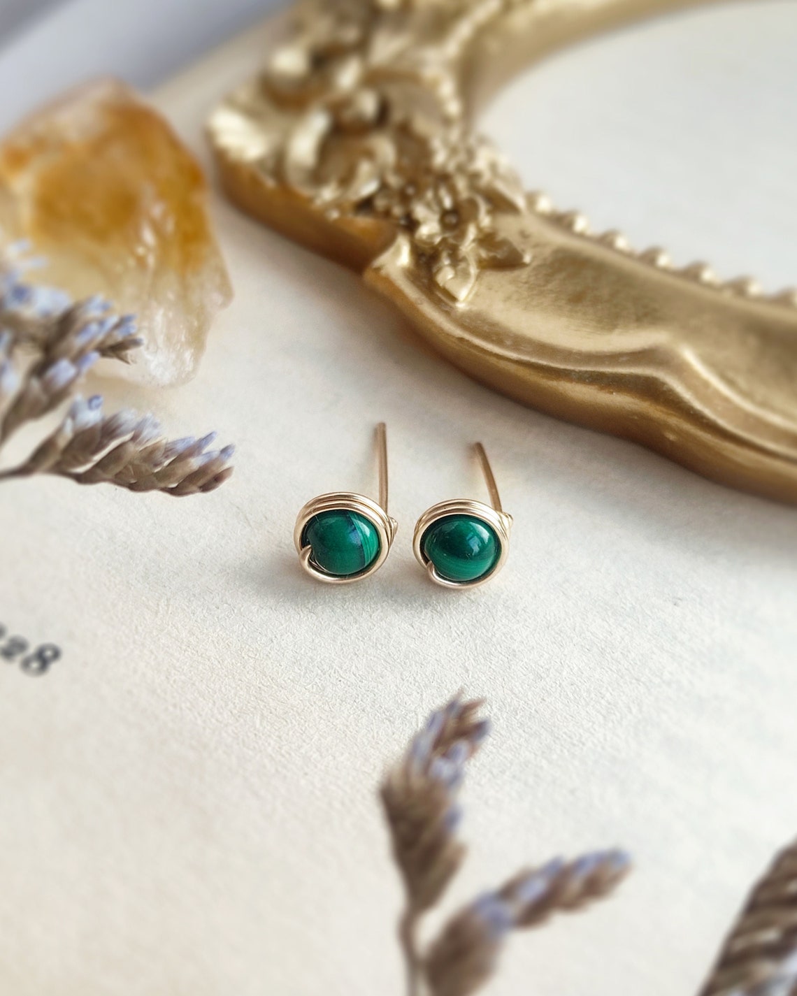 Malachite Stud Earrings 14K Gold Filled