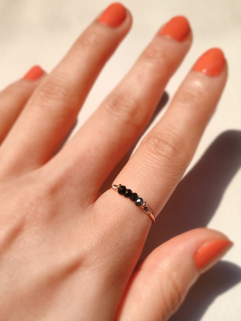 Dainty Raw Black Tourmaline Ring, 14K Gold Filled, Rose Gold Filled, Sterling Silver, Crystal Ring, Bar Ring, Empath Protection Ring image 1