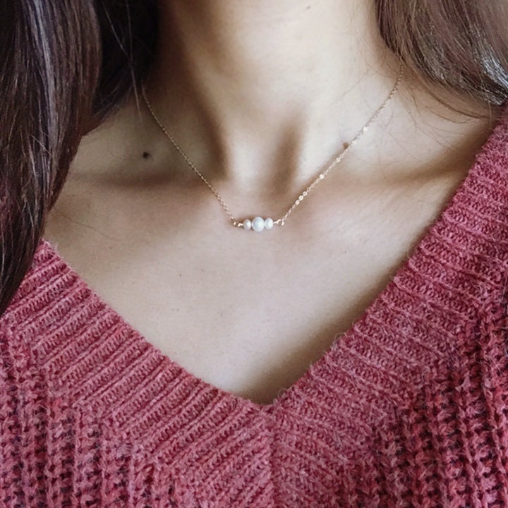 Dainty Three Pearl Bar Necklace