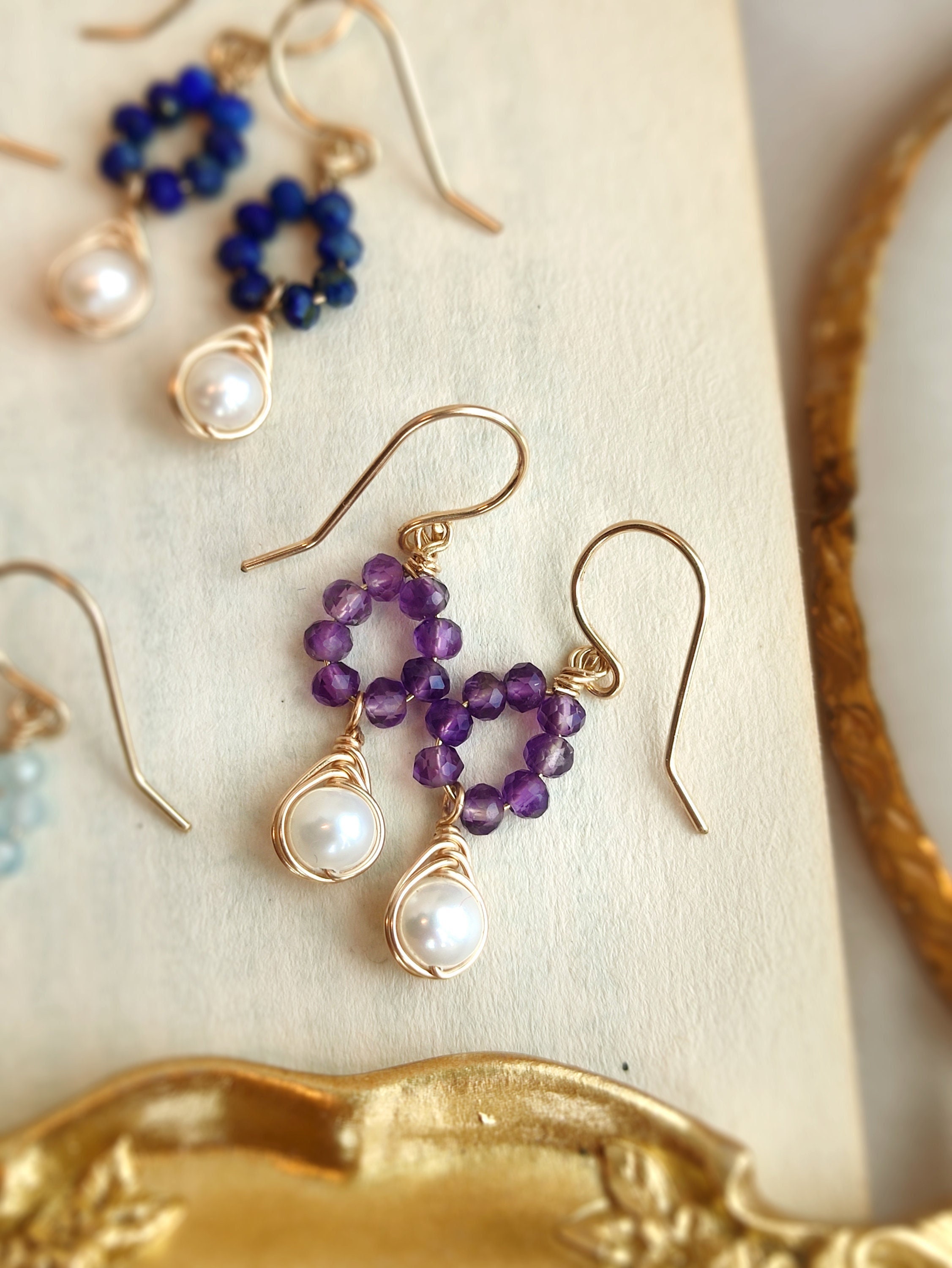 Dainty Amethyst and Pearl Earrings