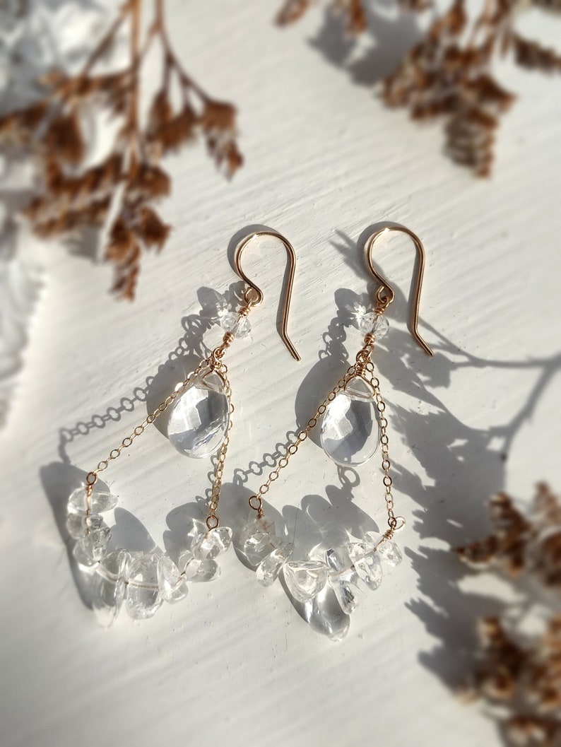 Clear Quartz Crystal Chandelier Earrings 14K Gold Filled, Statement Earrings, Long Dangle Earrings, Crystal Earrings, Gift For Her image 3