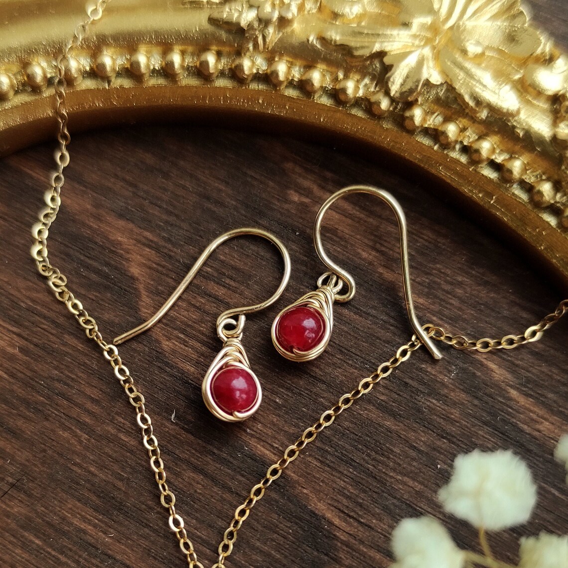 Ruby Dangle Earrings, 14K Gold Filled, July Birthstone