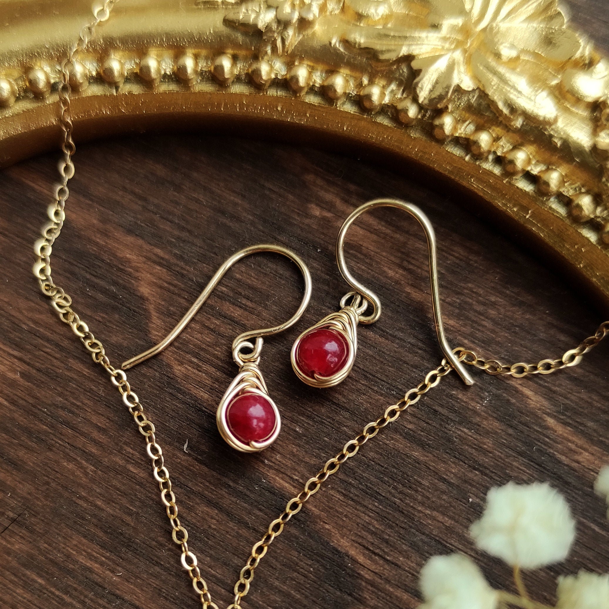 Ruby Dangle Earrings, 14K Gold Filled, July Birthstone