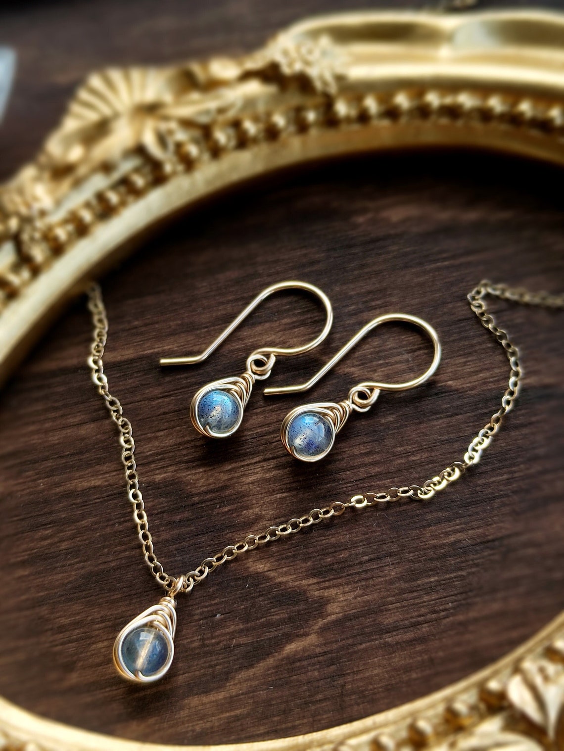 Tiny Labradorite Earrings and Necklace Set