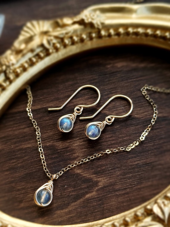 Tiny Labradorite Earrings and Necklace Set, 14K Gold Filled - Rose Gold Filled, Sterling Silver, Rainbow Labradorite Jewelry Set