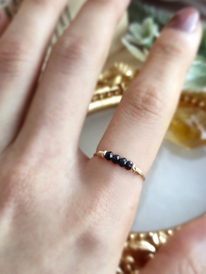 Dainty Raw Black Tourmaline Ring, 14K Gold Filled, Rose Gold Filled, Sterling Silver, Crystal Ring, Bar Ring, Empath Protection Ring image 2