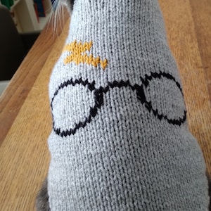 Può includere: Un maglione di lana grigio per gatto con un design nero e giallo di occhiali e un fulmine.