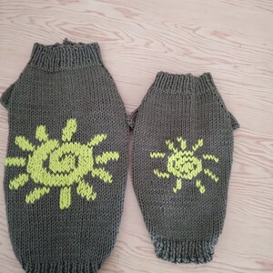 Puede incluir: Dos jerséis de punto para perros en verde oliva con diseños de sol amarillos. El jersey más grande tiene un diseño de sol más grande.
