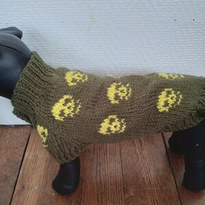 Puede incluir: Un jersey de punto verde para perro con un patrón de calavera amarilla.