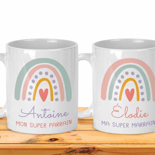 Duo Mugs Parrain Marraine | Baptême | Souvenir parrain marraine | Tasse baptême boho | Communion