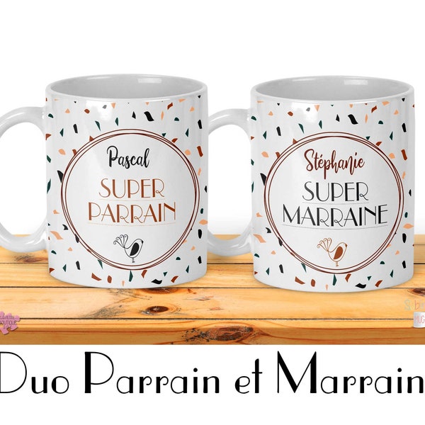 Duo Mugs Parrain Marraine | Baptême | Souvenir parrain marraine | Tasse baptême boho | Communion