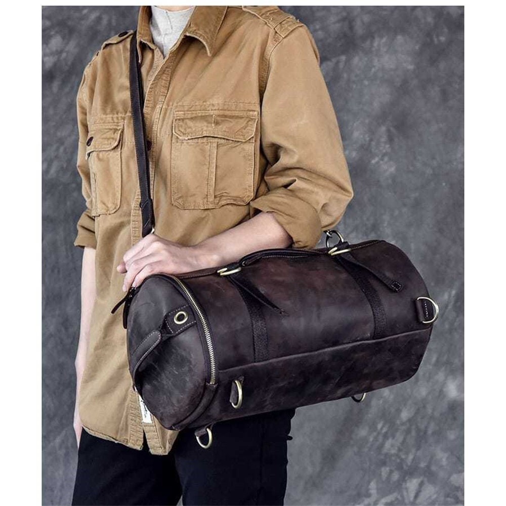Mens Crazy Horse Leather Pack Vintage Cylinder Hiking Travel Messenger Retro Bag Mens Crazy Horse Leather Pack Vintage Cylinder Hiking Travel Messenger Retro Bag