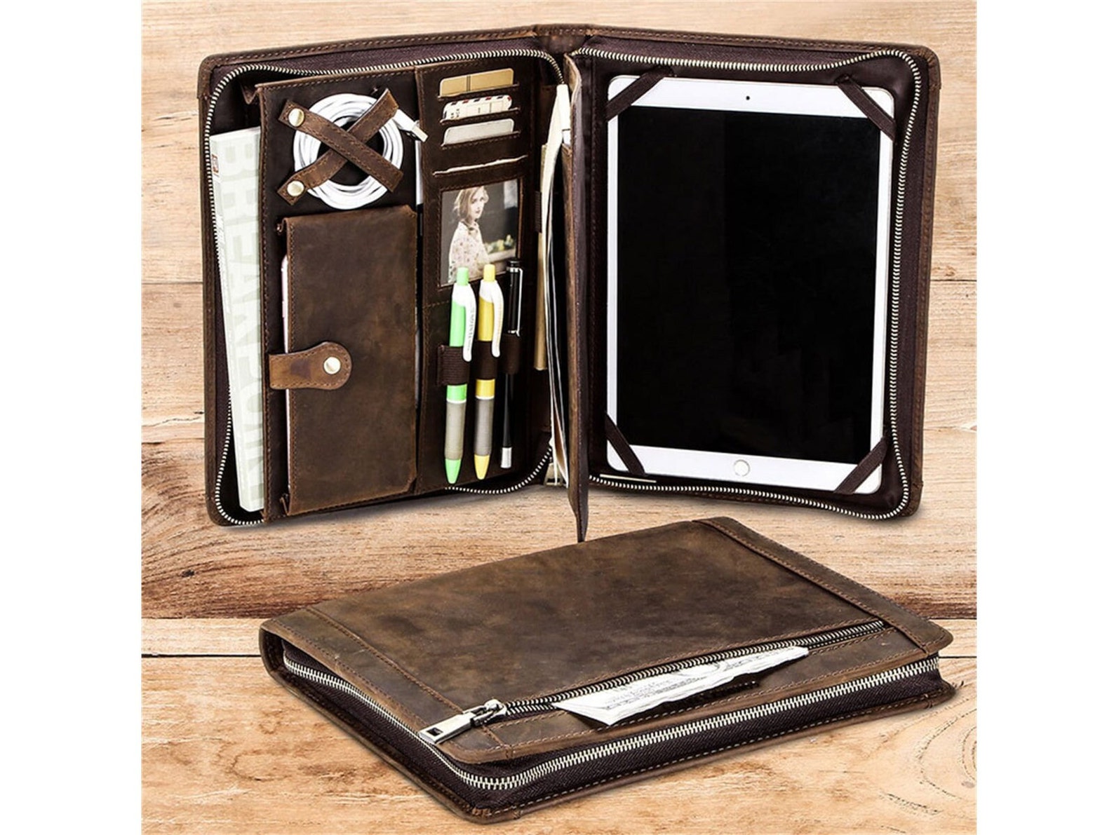 Genuine Leather Business Portfolio Case Zippered Document Etsy