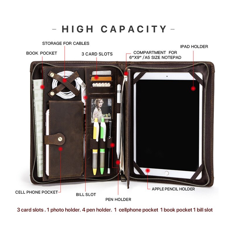 Genuine Leather Business Portfolio Case Zippered Document Etsy