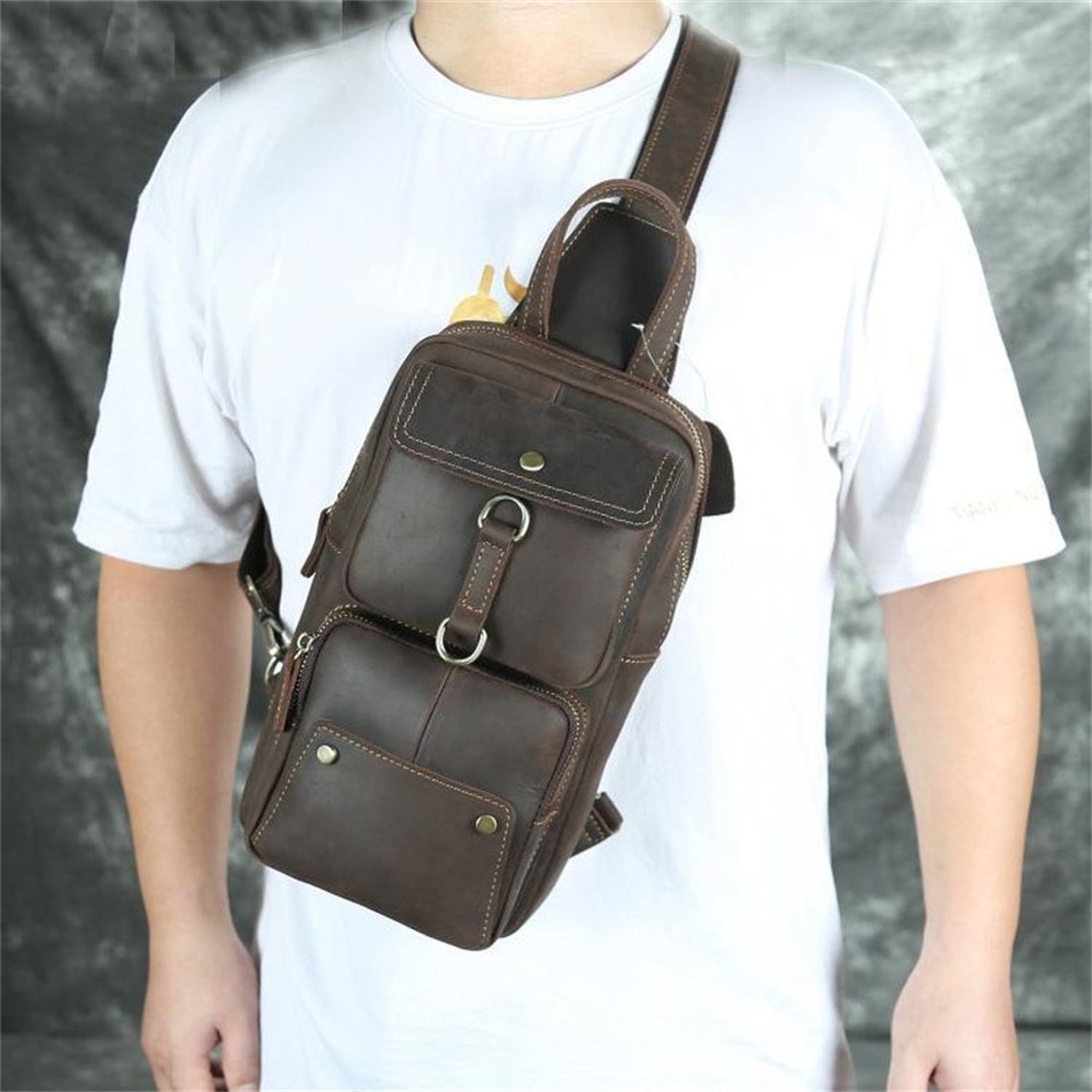 Handmade Genuine Leather Crossbody chest bag men's bag | Etsy