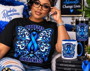 Diabetes Awareness Butterfly PNG, Blue Circle Ribbon Design, Sublimation DTF T-Shirt File, Diabetic Warrior Gift, Digital Download