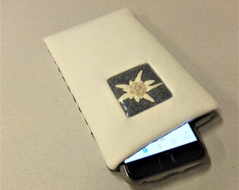 Sewn i-phone cover made of wool with real cultivated edelweiss