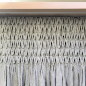 Smocked curtain made of pure untreated linen, with curtain tape