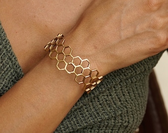 Golden honeycomb bracelet, honeycomb bangle, hexagon, brass jewelry, NICKEL FREE, hexagonal bracelet, stiff bangle, geometric