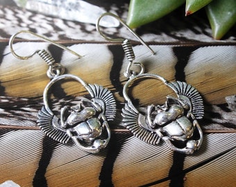 Egyptian Earrings, Beetle Earrings, NICKEL FREE, Silver Plated Scarab, Insect Earrings, Scarab Jewelry, Silver Beetle, May Beetle