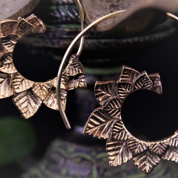 Golden spiral earrings, brass jewelry, small hoop earrings, lightweight, NICKEL FREE, festival jewelry, golden natural jewelry, round leaf earrings