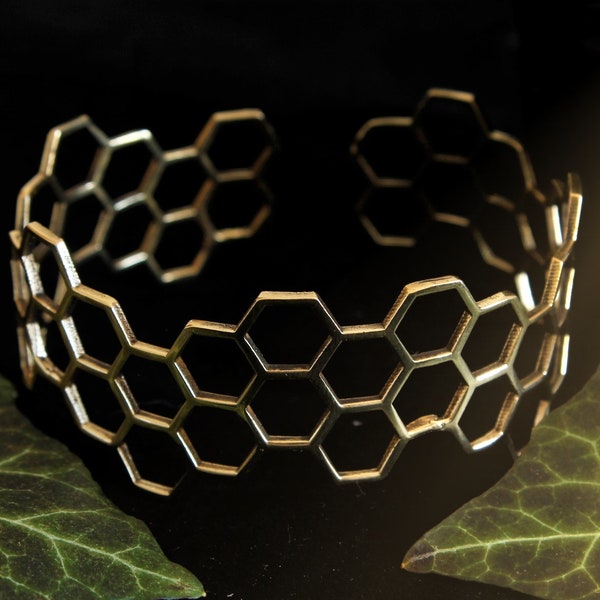 Gold Honeycomb Bracelet, Honeycomb Bangle, Hexagon, Brass Jewelry, NICKEL FREE, Hexagonal Bracelet, Stiff Bangles, Geometric