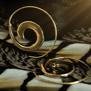 May include: A pair of gold hoop earrings with a spiral design. The earrings are on a patterned background.