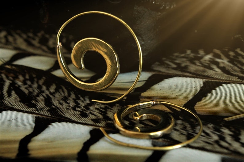 May include: A pair of gold hoop earrings with a spiral design. The earrings are on a patterned background.