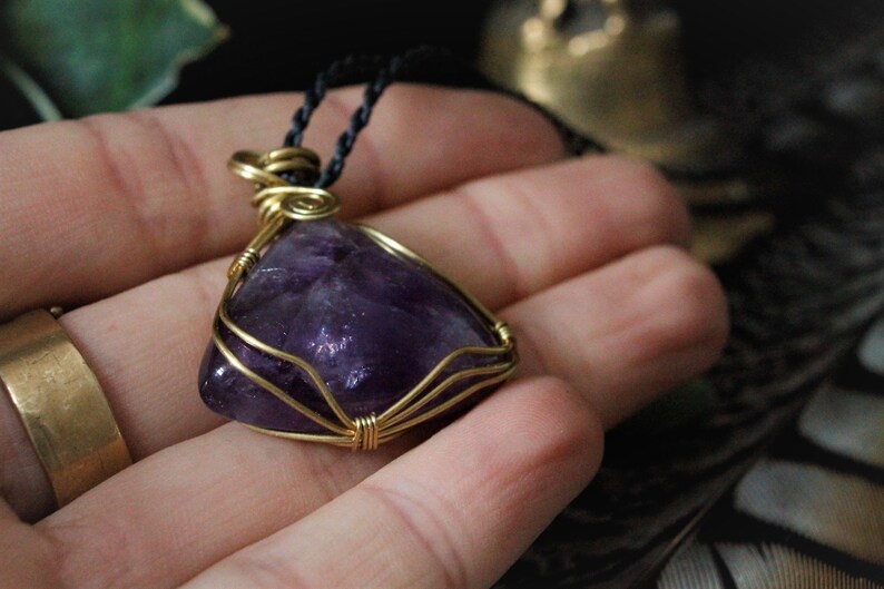 Adjustable Length Wire Jewelry Brass Jewelry Purple Stone Necklace Golden Amethyst Pendant Amethyst Necklace HANDMADE NICKELFREE