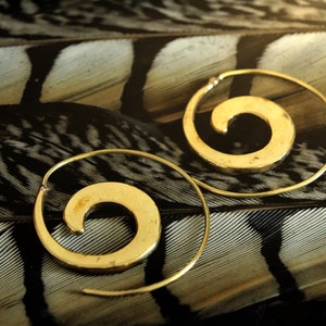 May include: A pair of gold hoop earrings with a spiral design. The earrings are on a black and white patterned background.