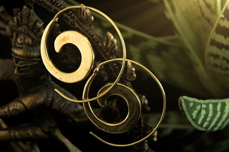 May include: Two gold spiral hoop earrings with a simple design. The earrings are hanging from a branch.