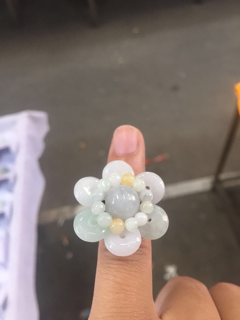 Free shipping-Handmade natural white Flower jade ring Charm jade ring\uff08adjustable size\uff09