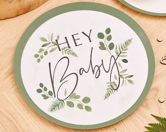 Botanical Baby, Baby Shower Party 'Hey Baby' Paper Plates x8